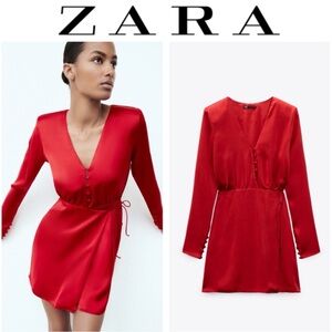 ZARA NWT RED SATIN EFFECT WRAP MINI DRESS V NECK LONG SLEEVE TIE WAIST **NWT**
